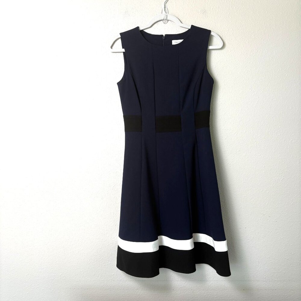 Calvin Klein Swing A Line‎ Dress Womens 2 Navy Blue Sleeveless Coastal Office